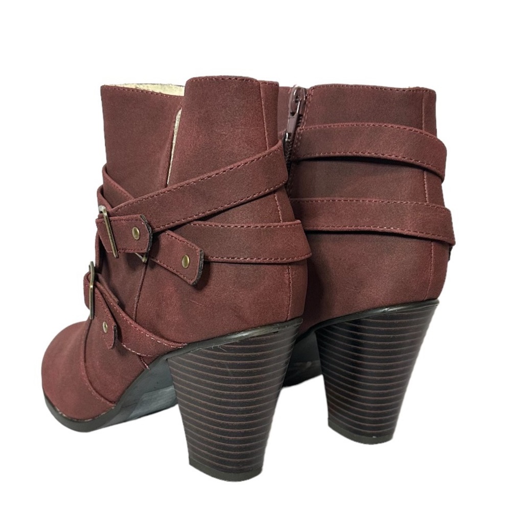 Just Fab Women Burgundy  Side Zip Heeled Triple Strap Yarah Ankle Boots - Picture 7 of 11
